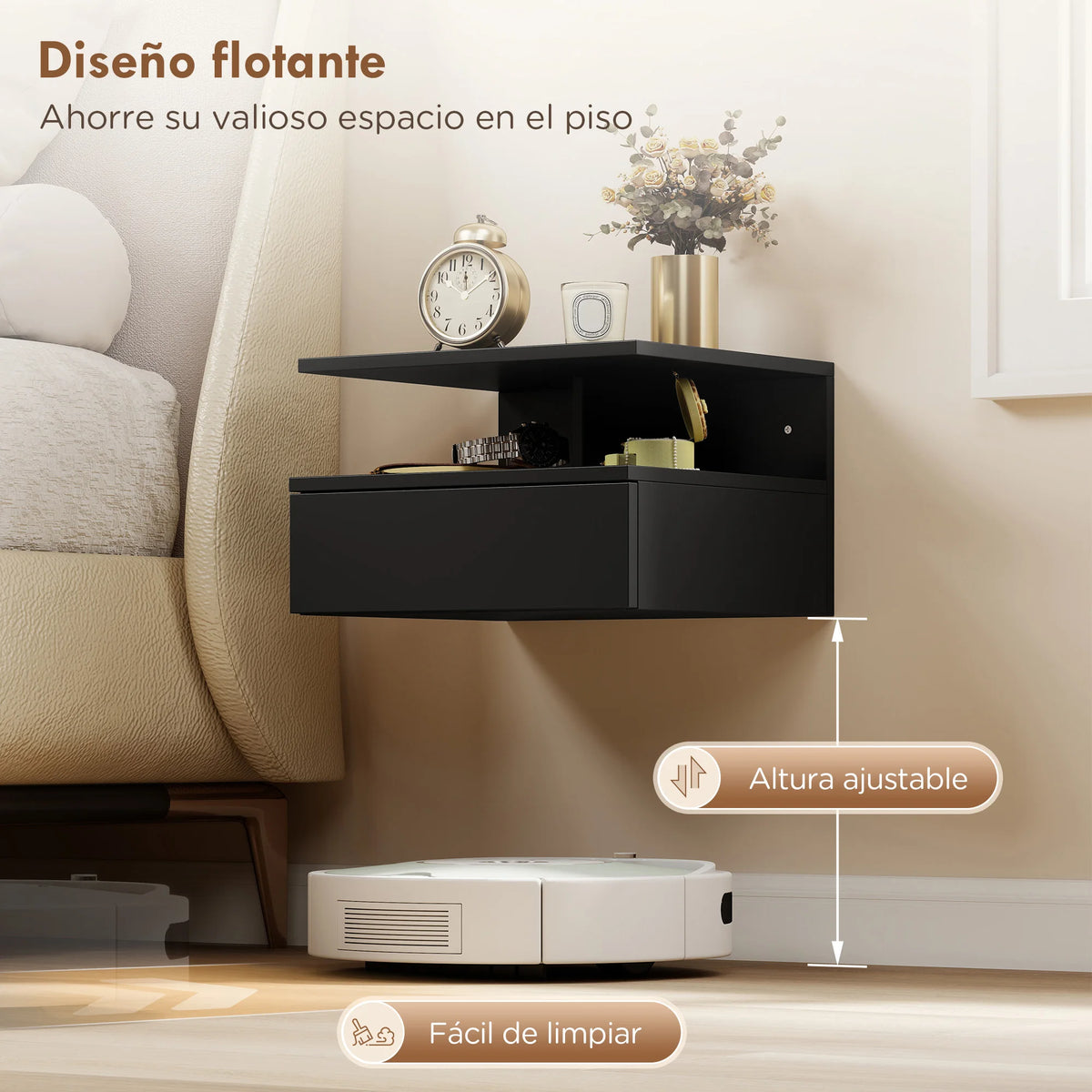 Lot de 2 tables de chevet suspendues noires avec tiroir