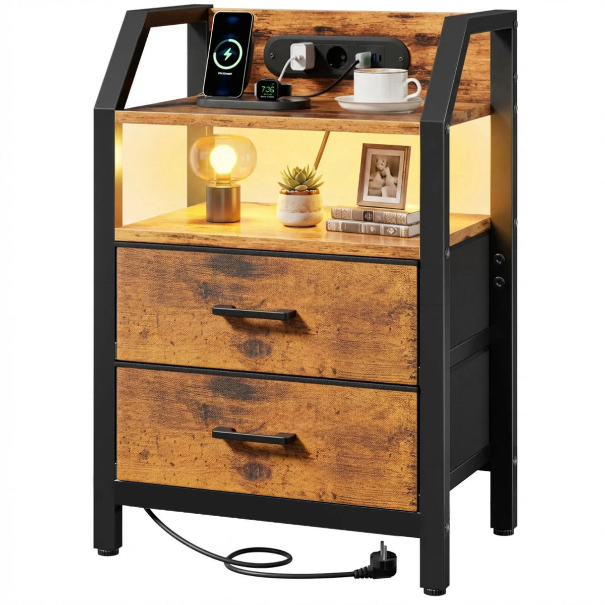 Table de chevet LED avec prises USB et tiroirs en tissu