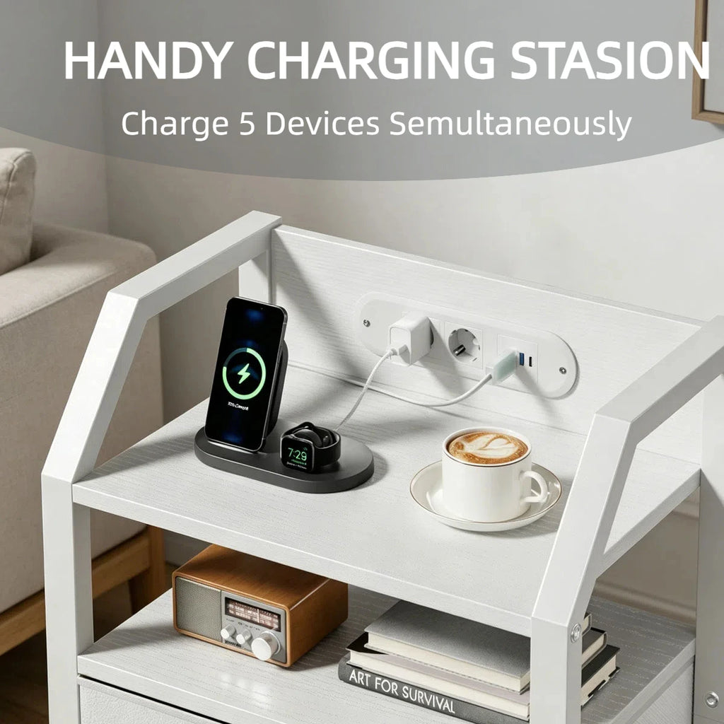 Table de chevet LED avec prises USB et tiroirs en tissu