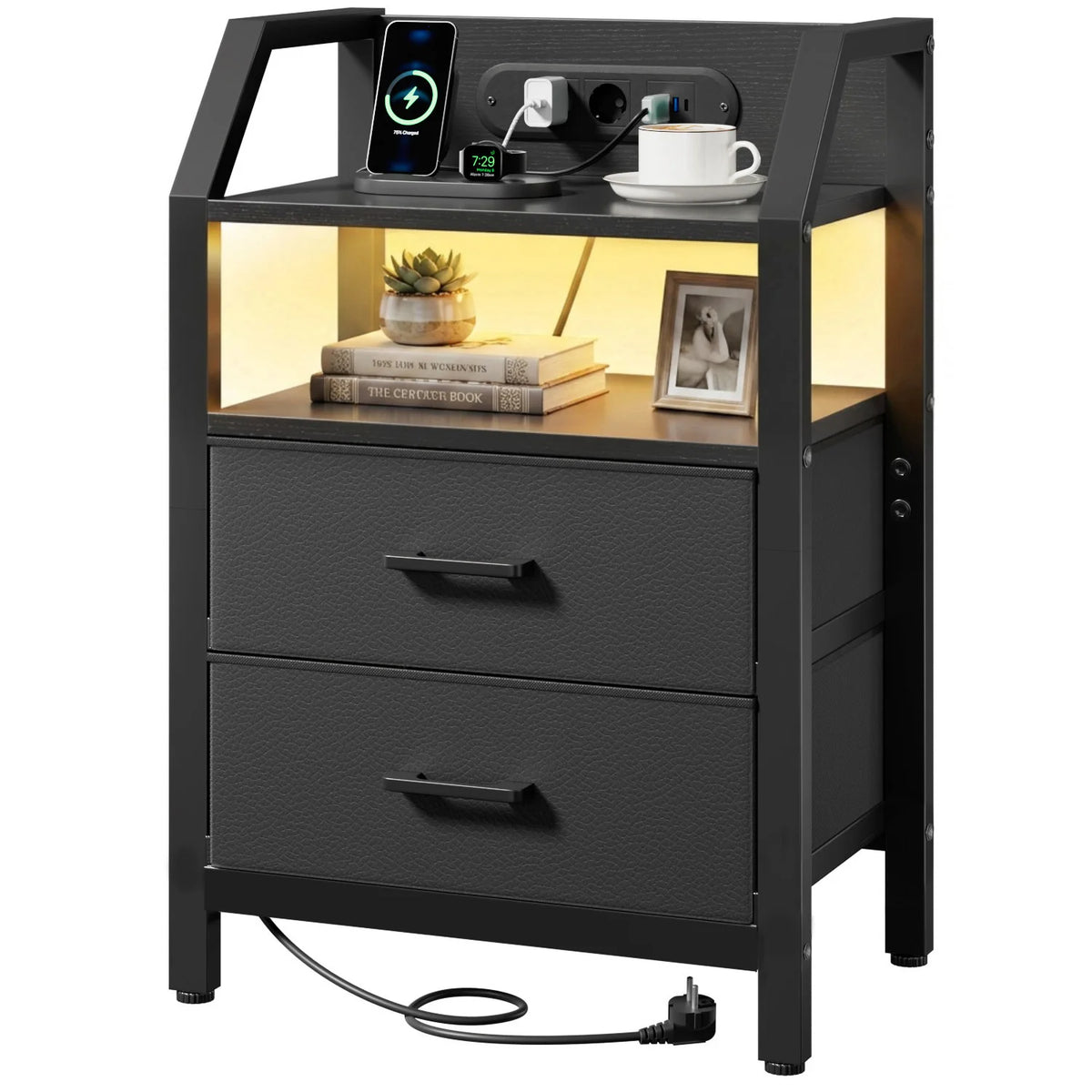 Table de chevet LED avec prises USB et tiroirs en tissu