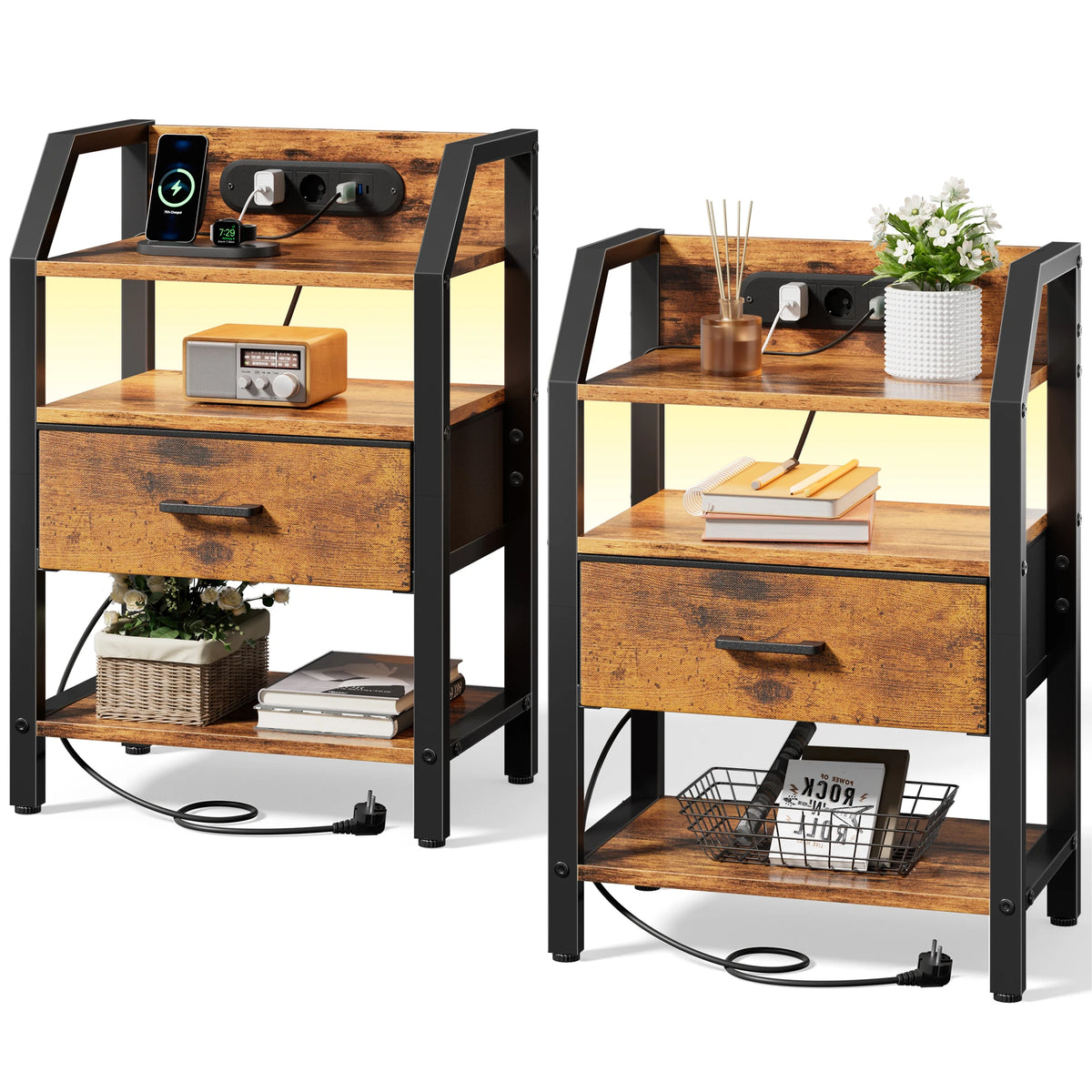 Table de chevet LED avec prises USB et tiroirs en tissu