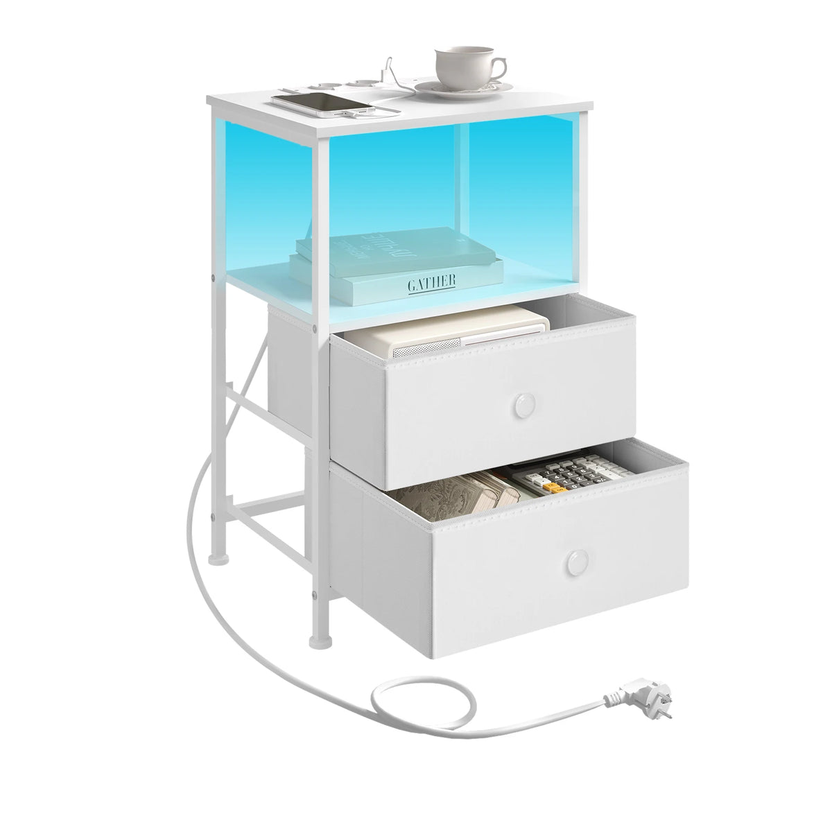 Table de chevet LED à 2 tiroirs en tissu avec prises USB