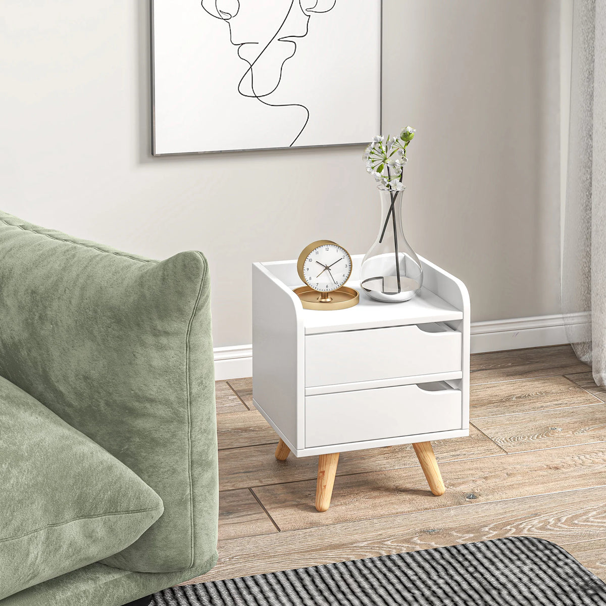 Petite table de chevet blanche à 2 tiroirs et pieds en bois