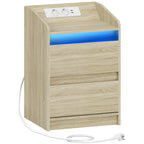 Table de chevet LED effet chêne à 2 tiroirs avec prises USB