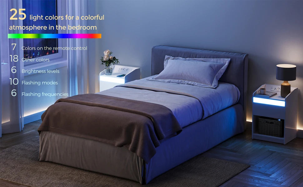 Table de chevet LED avec tiroir, prises et USB