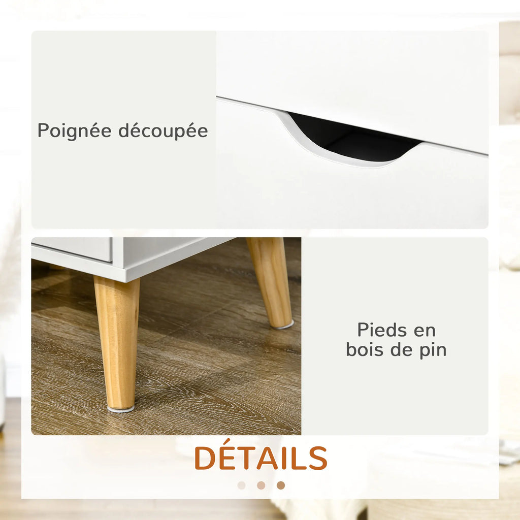 Table de chevet blanche à 2 tiroirs et pieds en bois