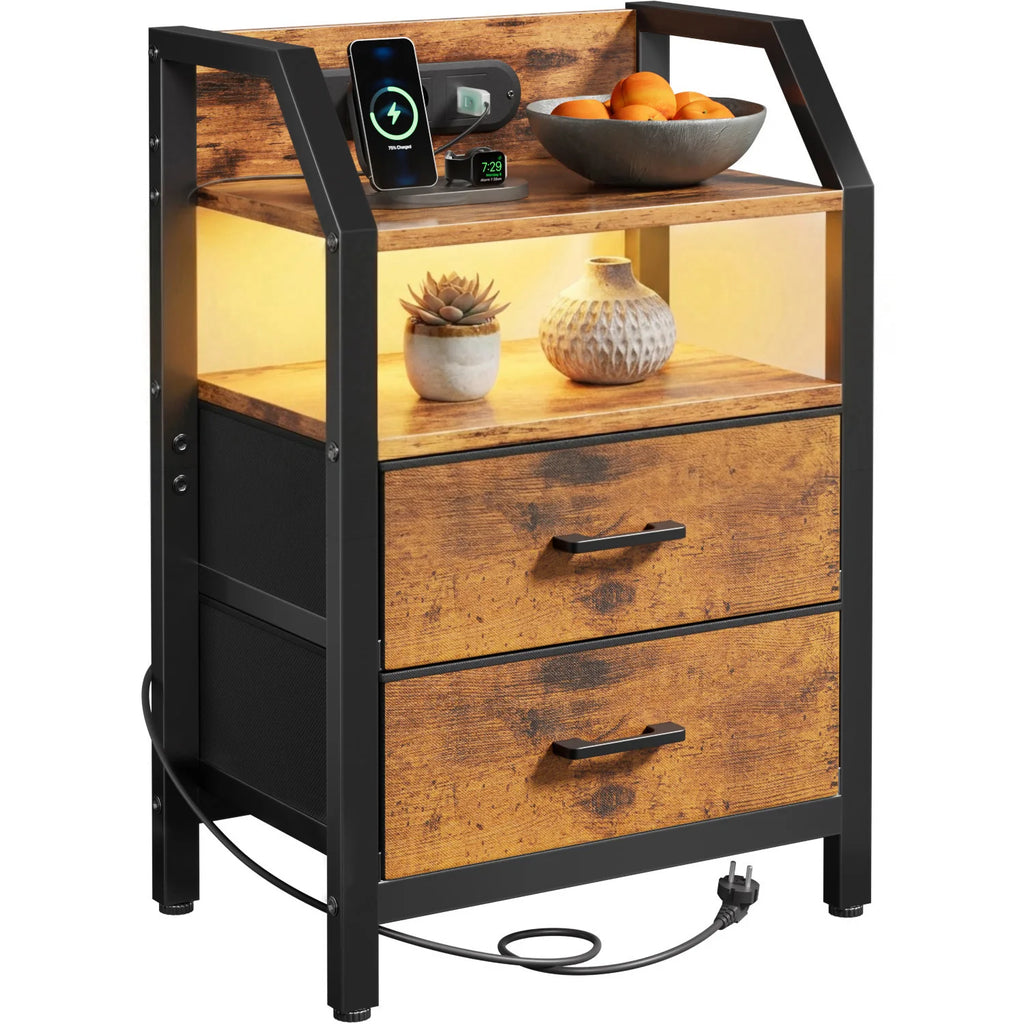 Table de chevet LED avec prises USB et tiroirs en tissu