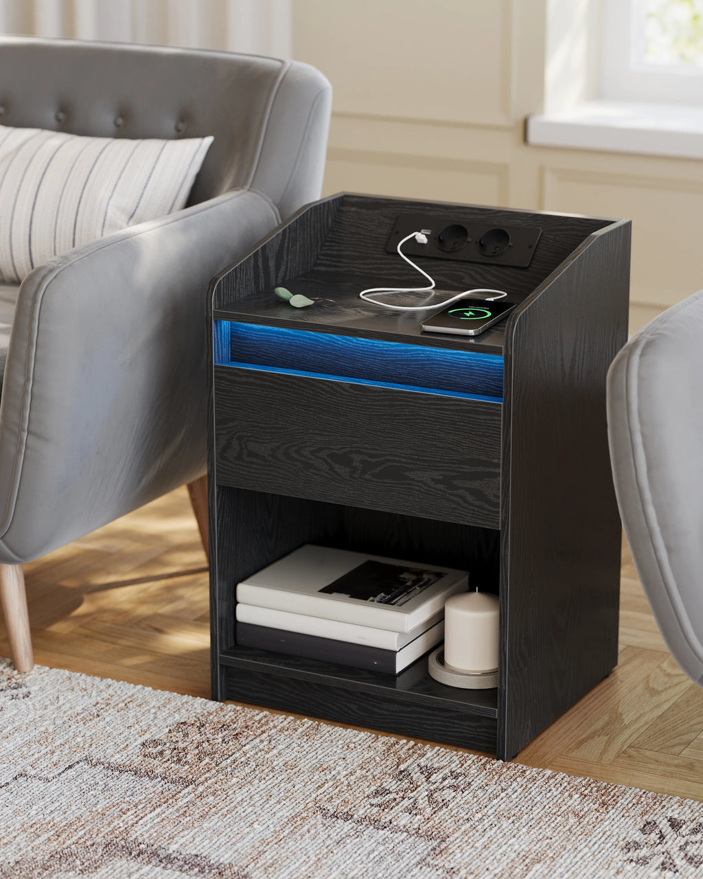 Table de chevet LED avec tiroir, prises et USB