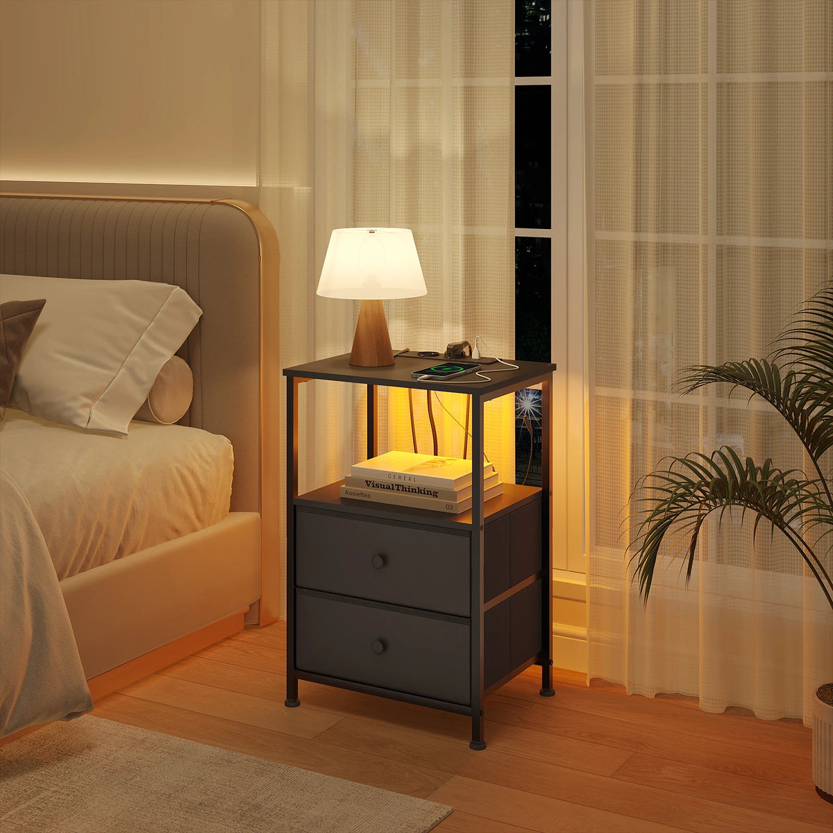 Table de chevet LED à 2 tiroirs en tissu avec prises USB