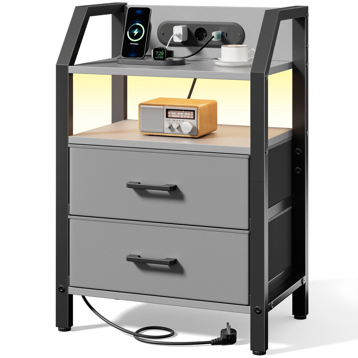 Table de chevet LED avec prises USB et tiroirs en tissu