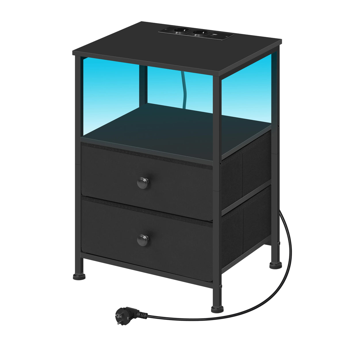 Table de chevet LED à 2 tiroirs en tissu avec prises USB