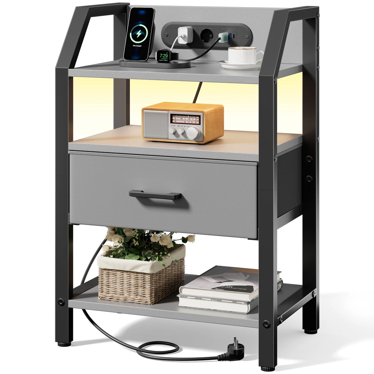 Table de chevet LED avec prises USB et tiroirs en tissu