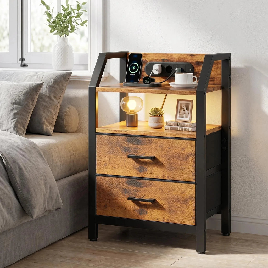 Table de chevet LED avec prises USB et tiroirs en tissu