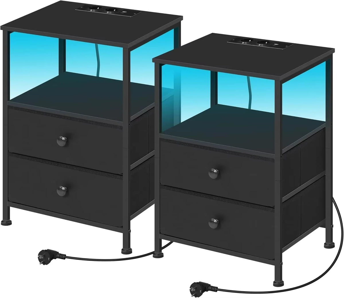 Table de chevet LED à 2 tiroirs en tissu avec prises USB