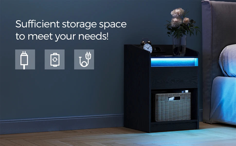 Table de chevet LED avec tiroir, prises et USB