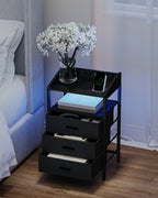 Table de chevet LED à 3 tiroirs en tissu avec prises USB