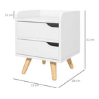 Petite table de chevet blanche à 2 tiroirs et pieds en bois
