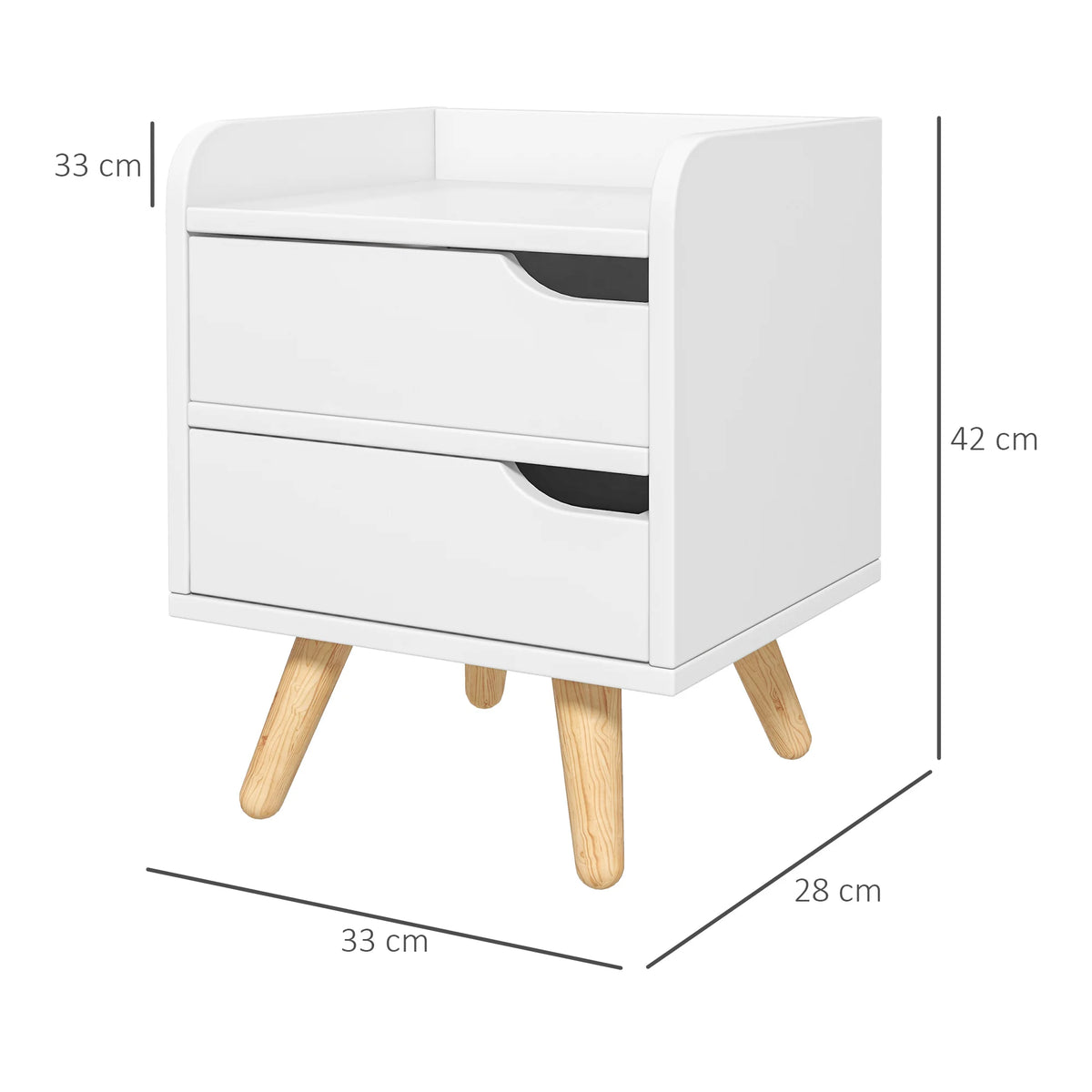 Petite table de chevet blanche à 2 tiroirs et pieds en bois