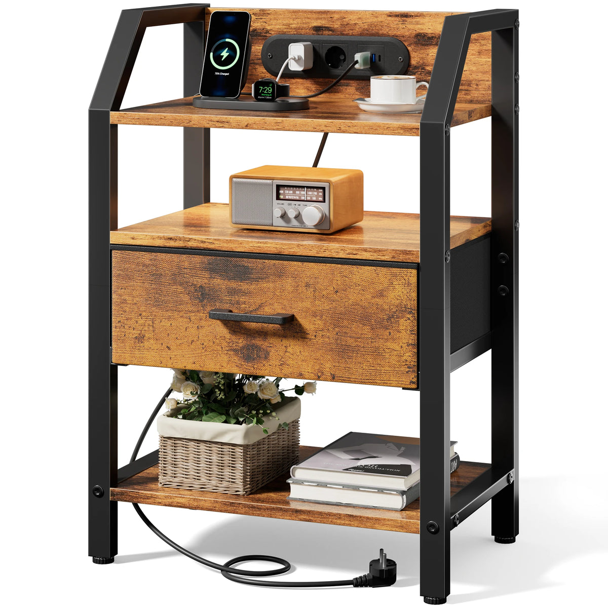 Table de chevet LED avec prises USB et tiroirs en tissu