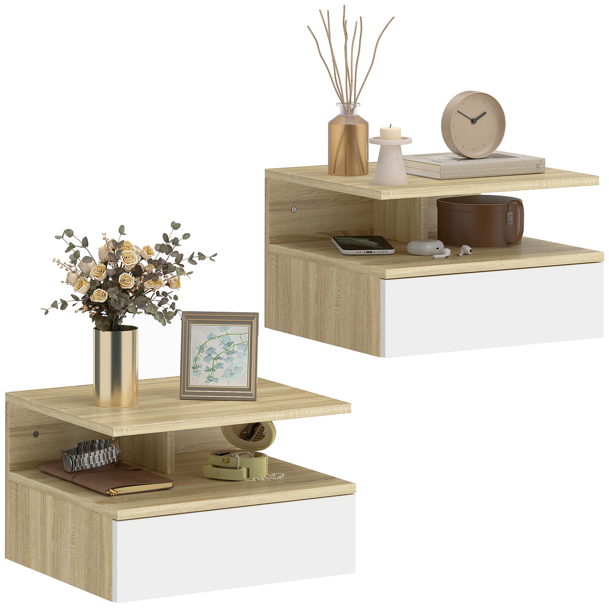 Lot de 2 tables de chevet suspendues avec tiroir et niche